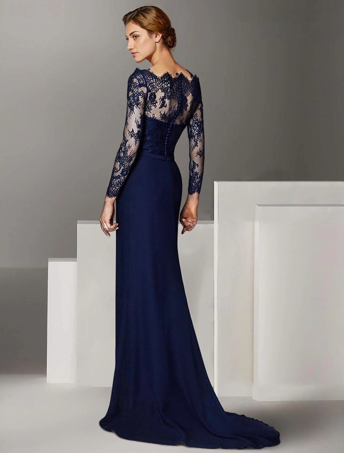 Buyishang Mermaid Mother of the Bride Dress Formal Wedding Guest Elegant Off Shoulder Floor Length Lace Stretch Chiffon Long Sleeve with Lace Ruching free custom size